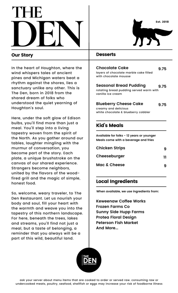 The den restaurant , downtown houghton michigan keweenaw winter menu 2025 back